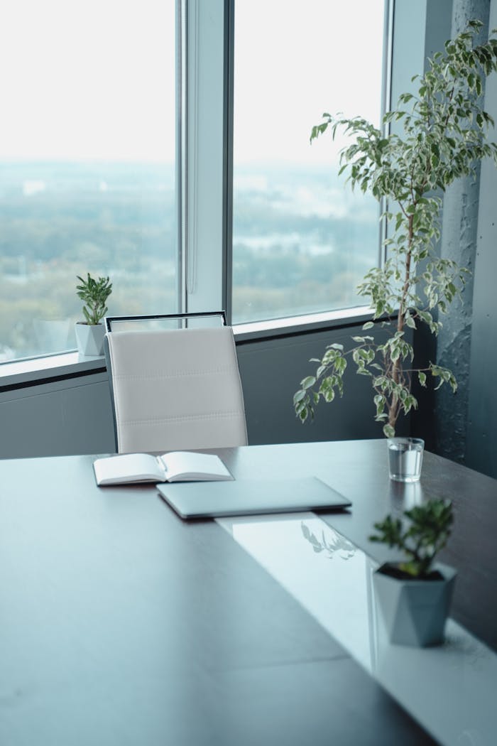A modern office setup with a sleek desk, open notebook, and green plants by a large window.